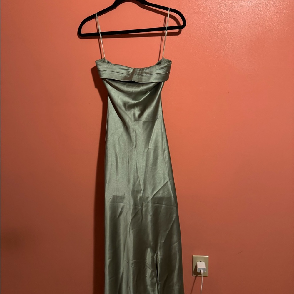 Altar'd State Strapless Satin Dress in Sage